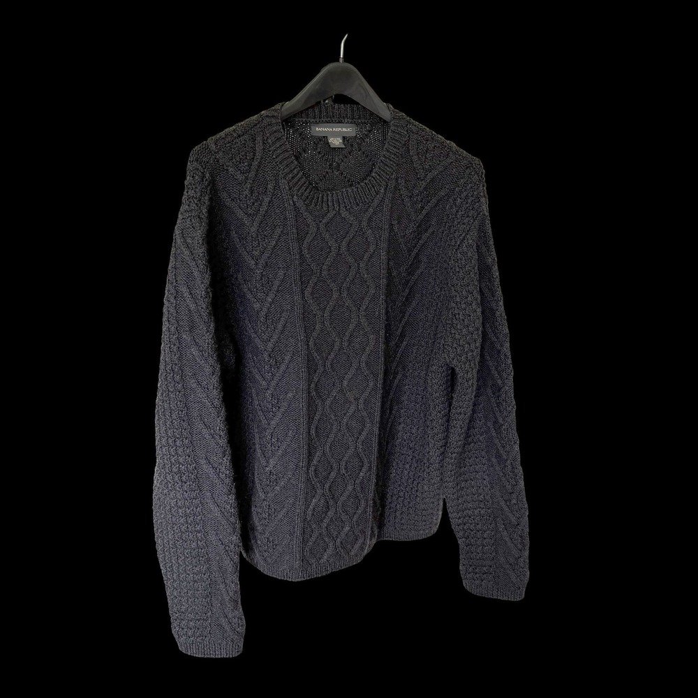 90's Banana Republic Mens XL Black 100% Wool Cable Knit Crewneck Sweater